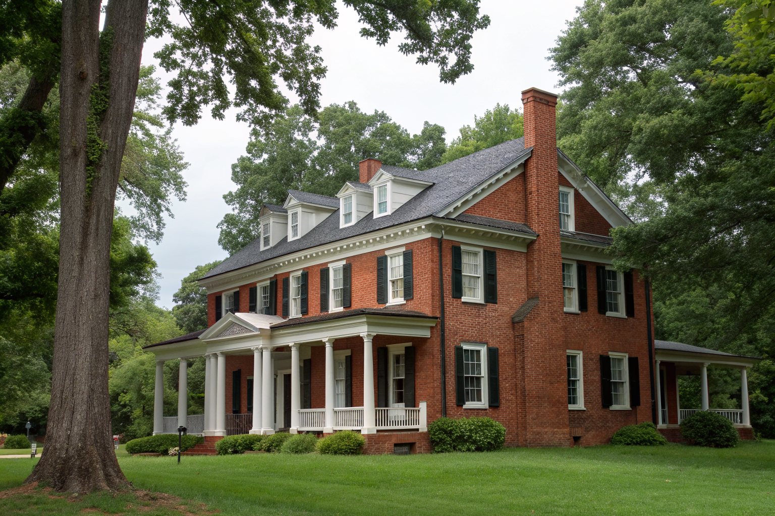 A two-story red brick colonial home with white porch columns and a dark shingle roof