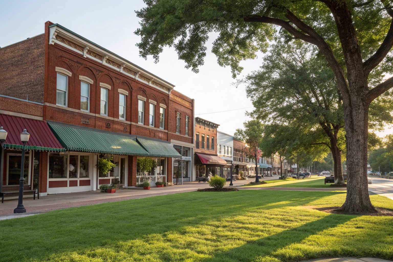 Red brick storefronts with awnings facing a shaded town lawn
