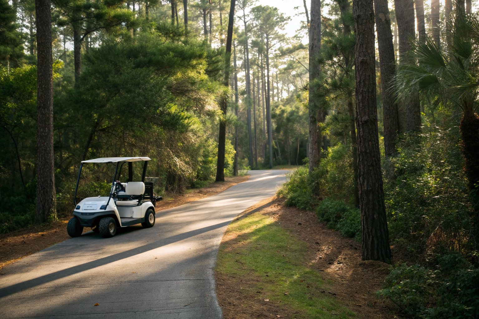 A white golf cart parked on a paved path winding through a pine forest