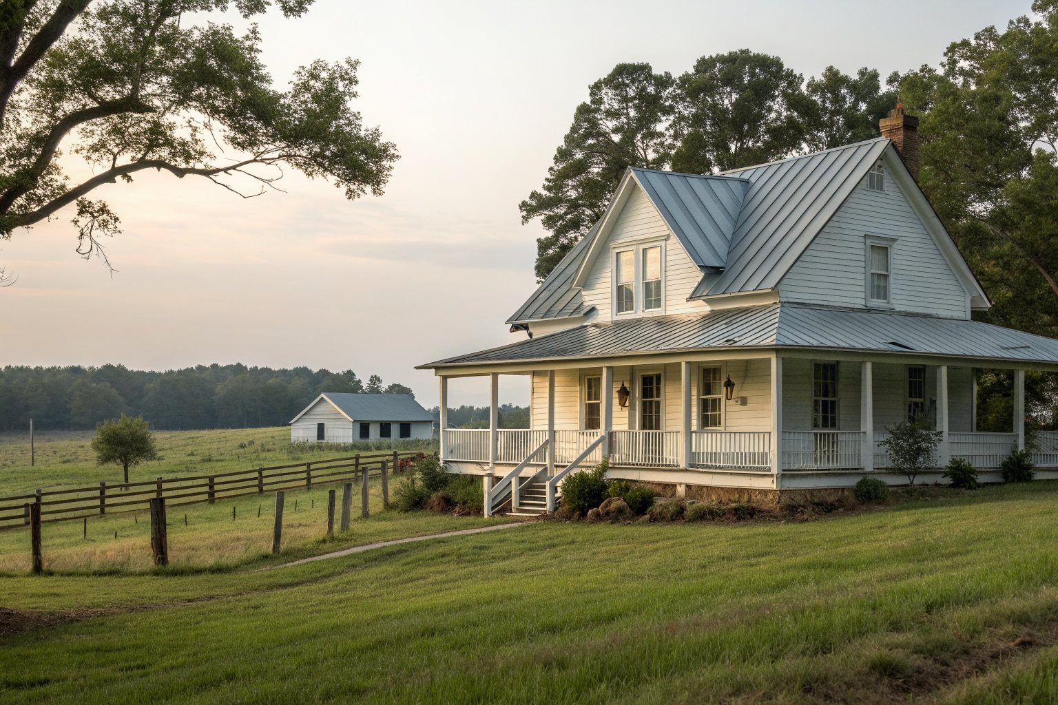 A white country home with a silver metal roof and wraparound porch beside a hay field