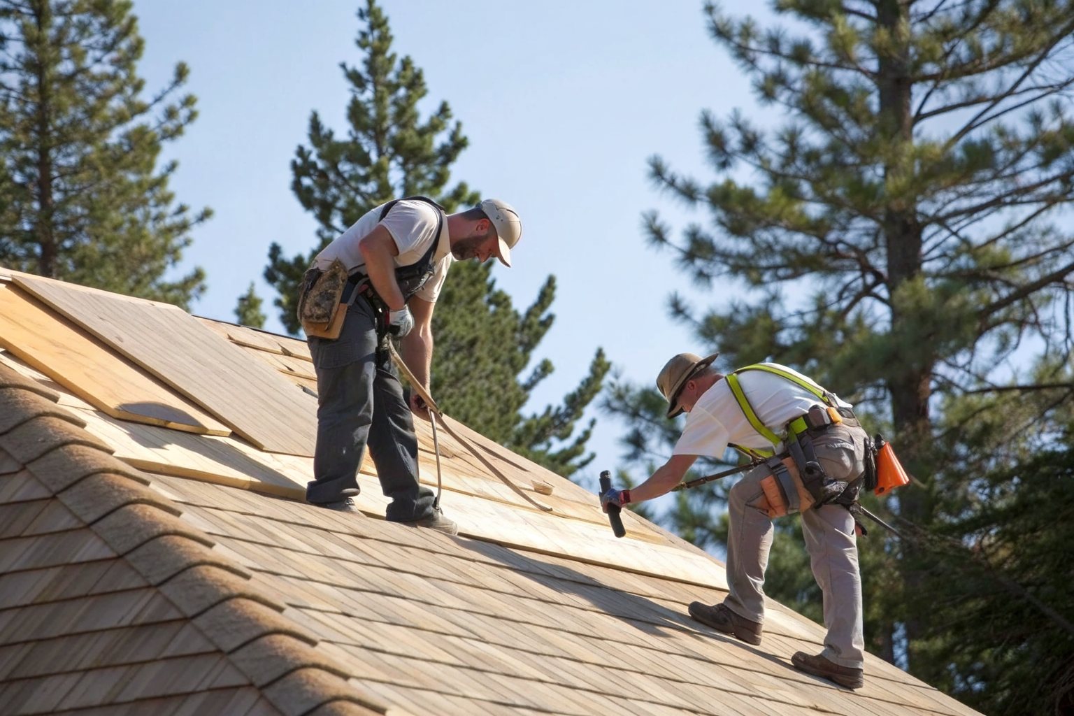 Two roofers in harnesses installing new architectural shingles on a sunny day