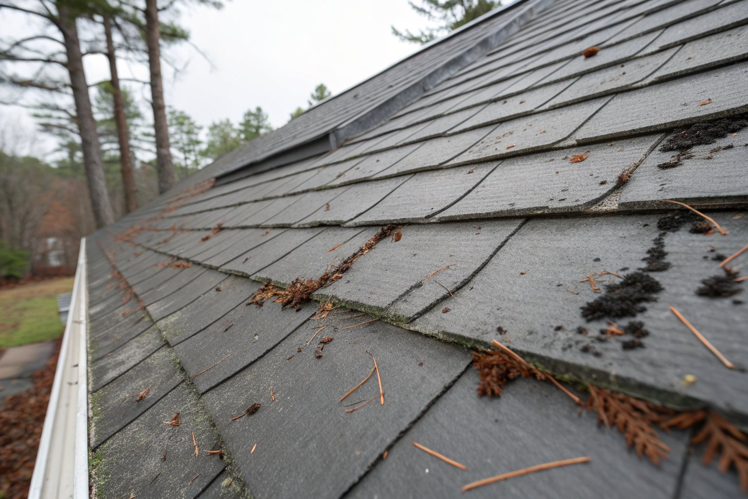 An aging gray shingle roof with dark algae streaks and scattered pine needles above a gutter