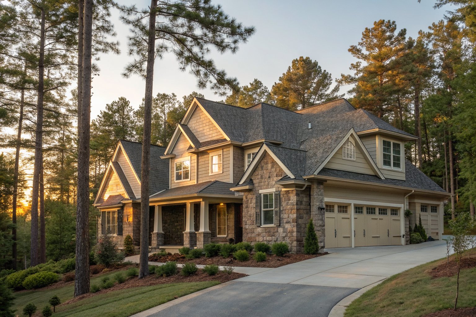 A two-story craftsman home with stone trim and a gray-brown shingle roof under tall pines at sunset