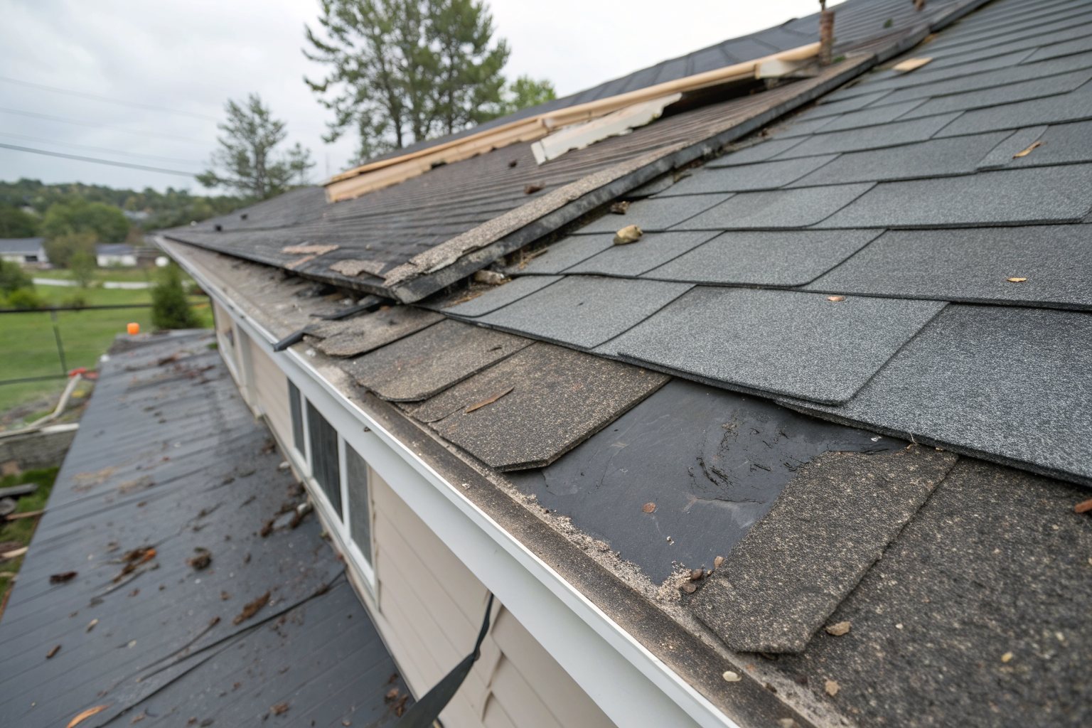 Shingles along a roof edge lifted and creased by strong wind