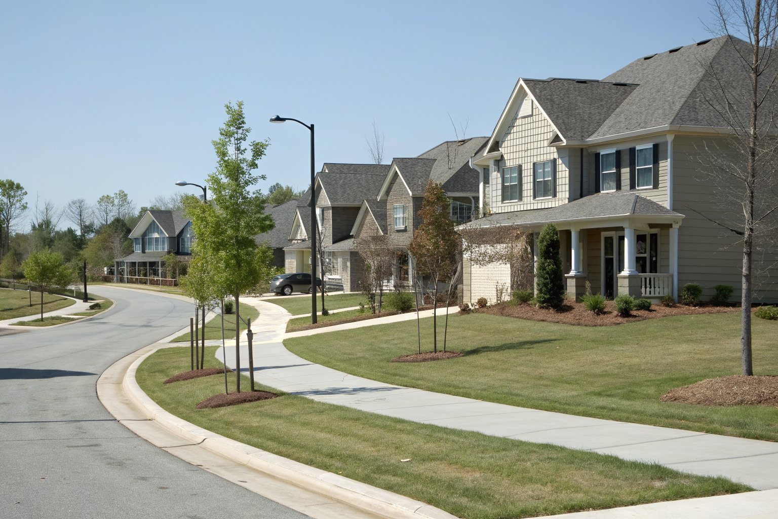 A curving street of newer two-story homes with light gray shingle roofs and young trees