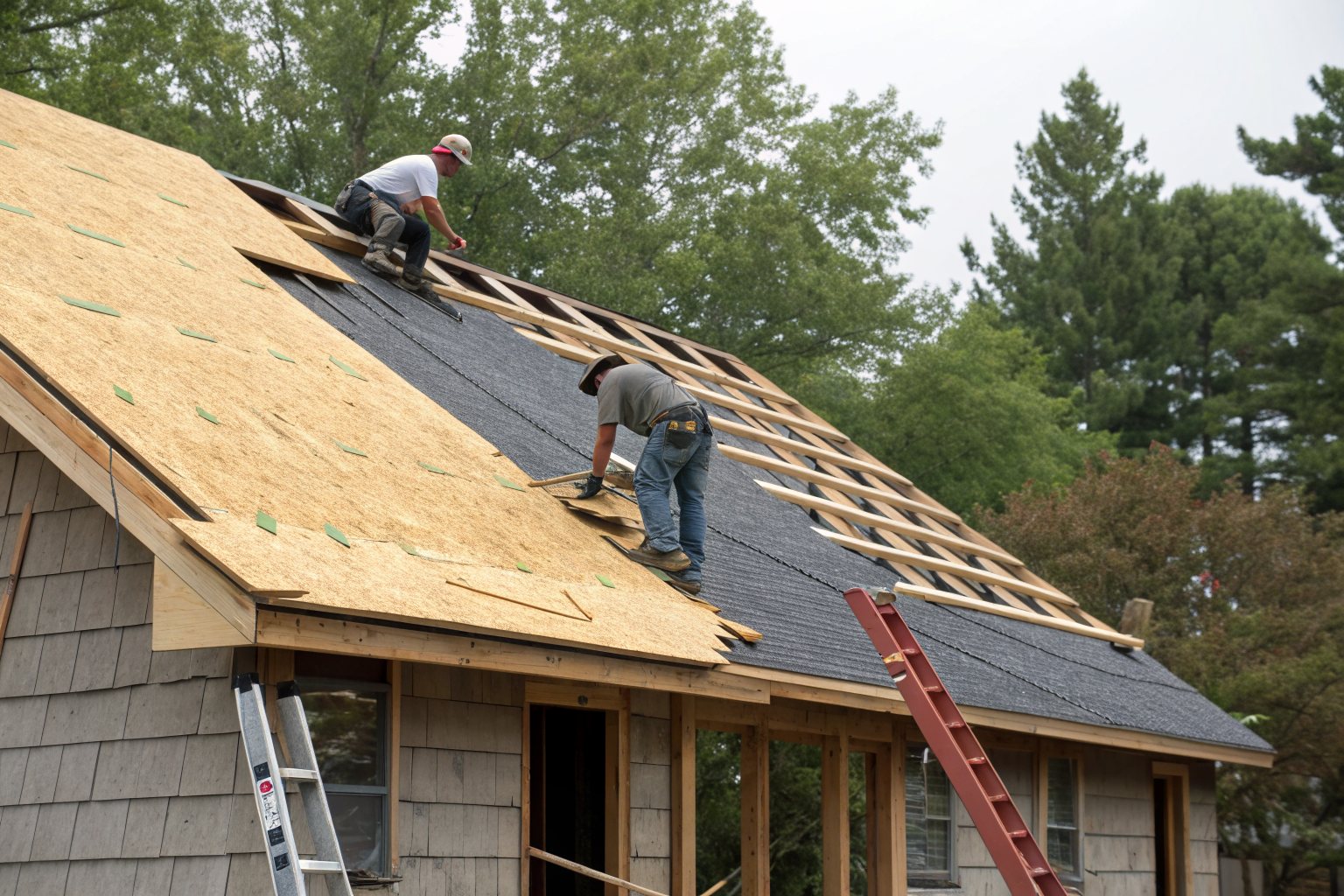 Workers fastening new wood decking sheets over the rafters during a roof tear-off