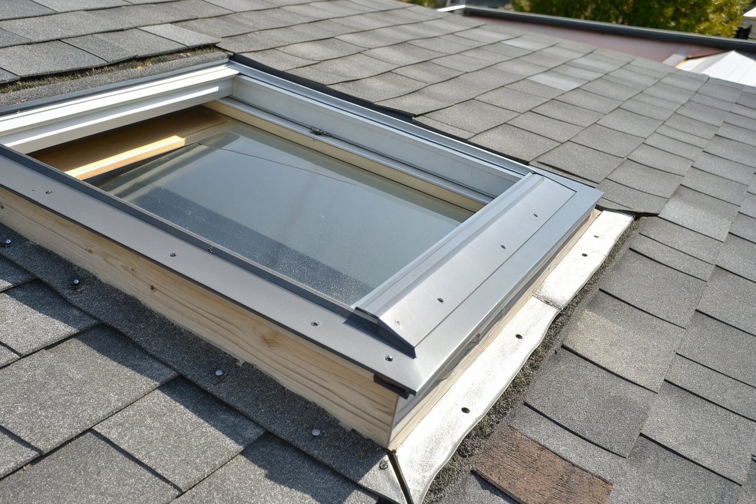 Metal flashing around a skylight set into a gray shingle roof