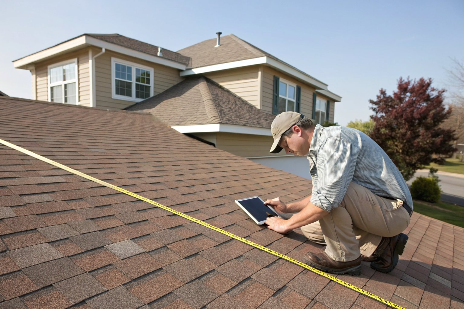 A roof inspector kneeling on a brown shingle roof with a tape measure and a tablet