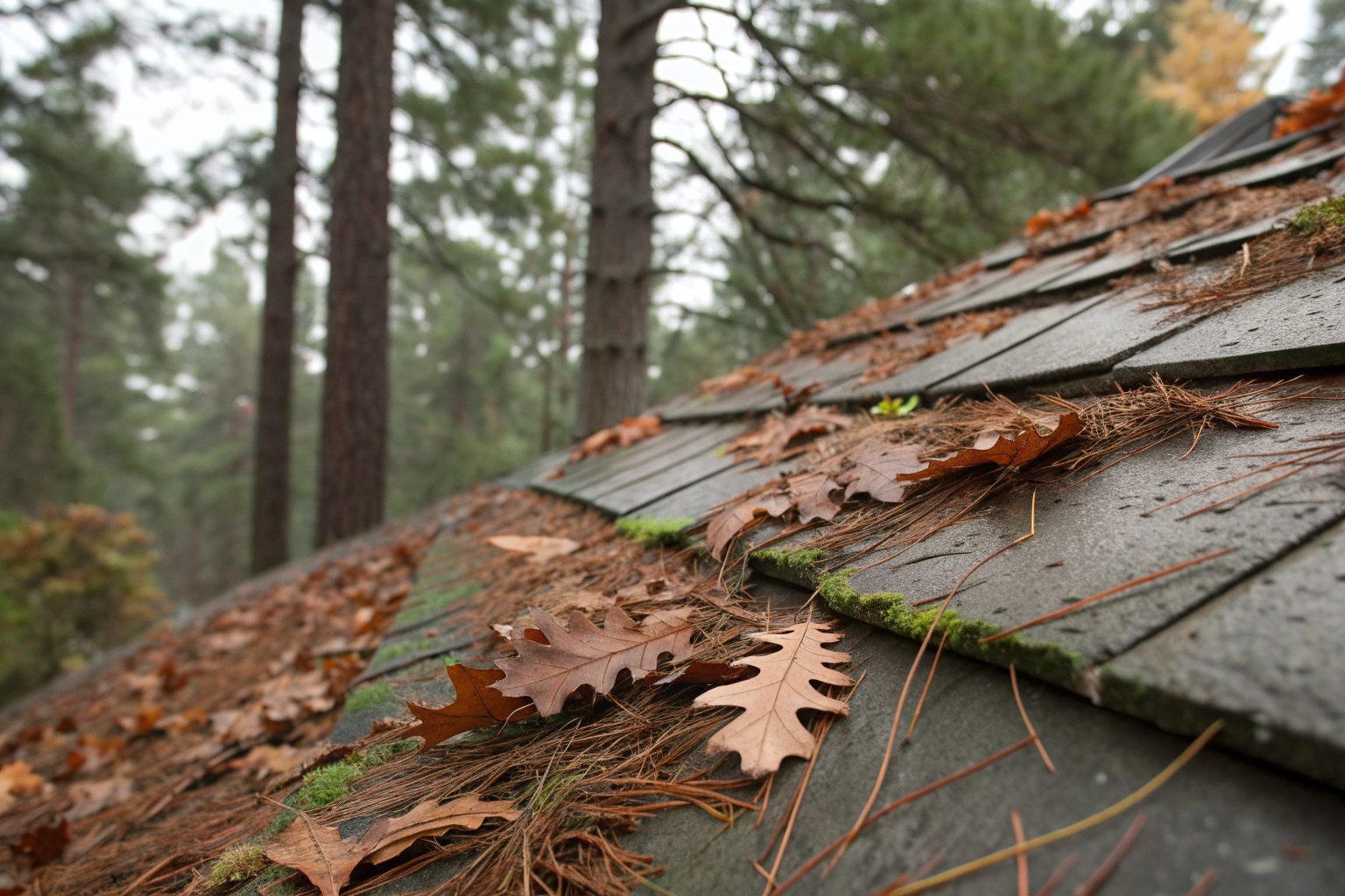 A roof valley packed with wet oak leaves and pine needles