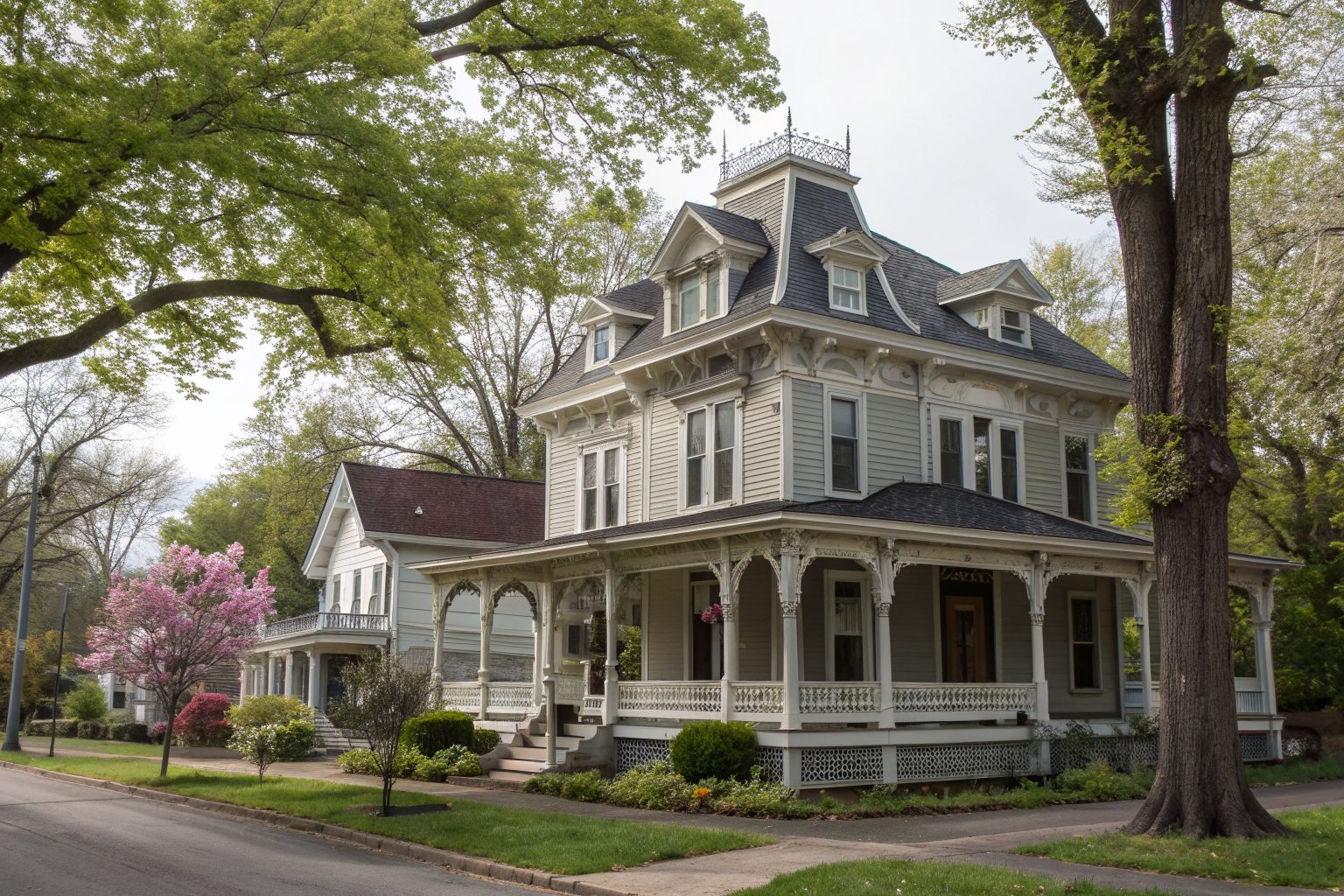 A historic two-story Victorian home with ornate white trim and a wraparound porch