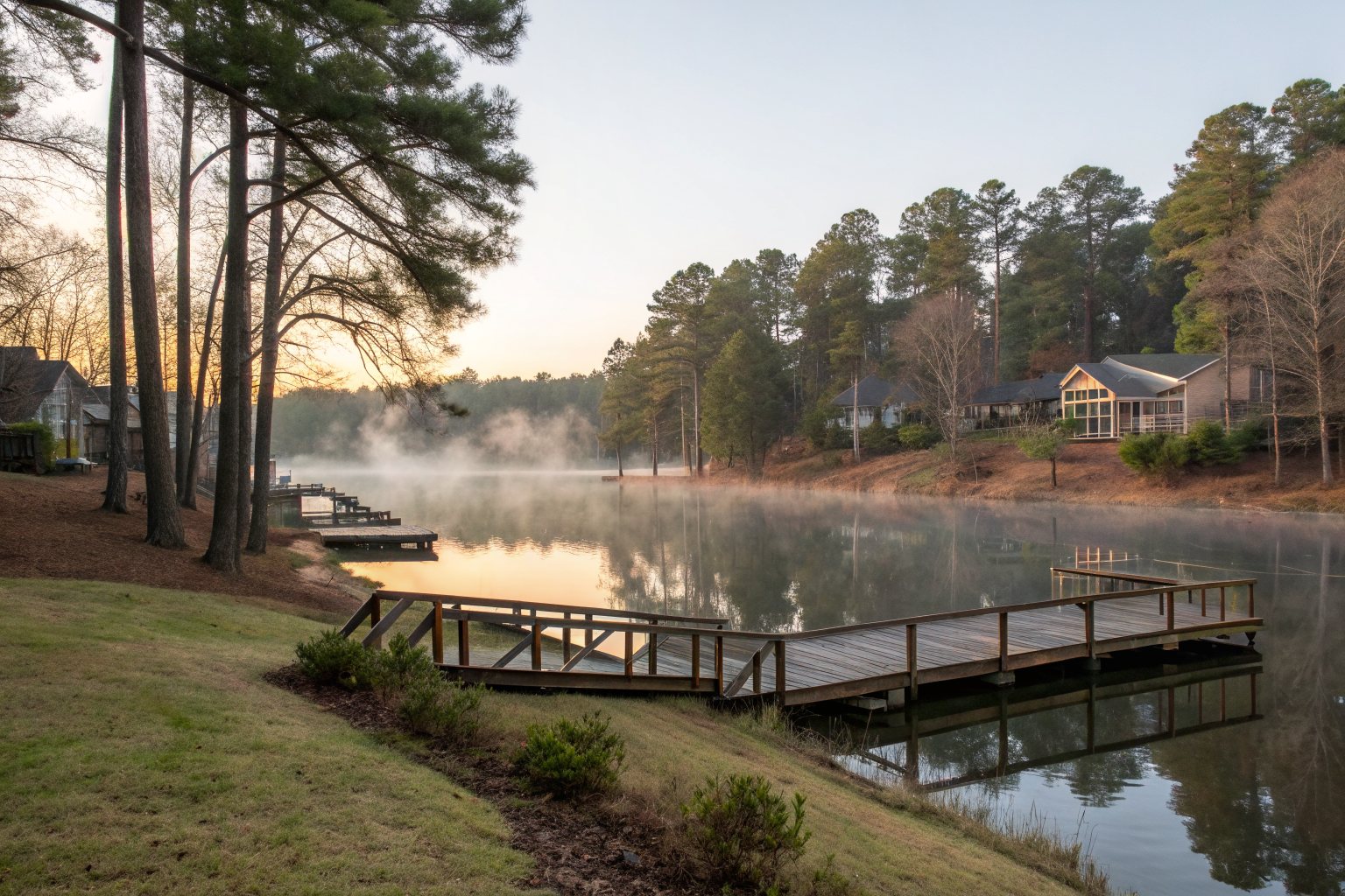 A wooden dock on a misty lake at sunrise with homes visible through the trees